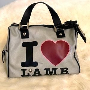 L.A.M.B. I Heart Satchel in Silver with Black Trim and Red Heart